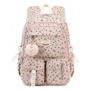 Imagem de Mochila escolar QHRIDS corduroy rosa com laço, para notebook 38 cm, grande capacidade com bolso antirroubo