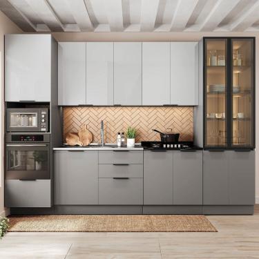 Imagem de Cozinha Telasul Lumina 6 Peças com Paneleiro para Forno e Micro com Vidro Fumê e Iluminação S/ Tampo Cinza