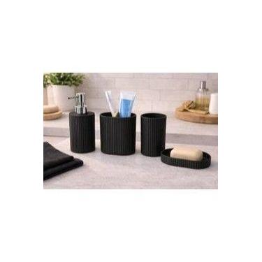 Imagem de Conjunto Banheiro Tampa Bambu Lixeira Saboneteira Porta Escova Pote Al