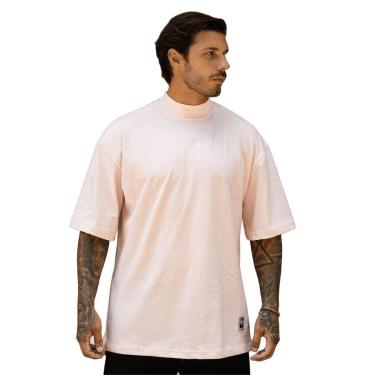 Imagem de Camiseta Oversized Gola Alta Aplique Assinatura Streetwear Confortavel Masculina Rosa-Masculino