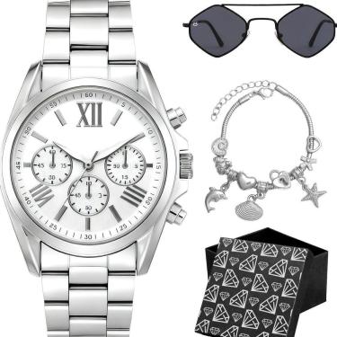 Imagem de Kit Feminino Orizom Maria em Aço Inox Prata com Relógio Analógico, Óculos de Sol Losango, Pulseira com Pingentes e Caixa