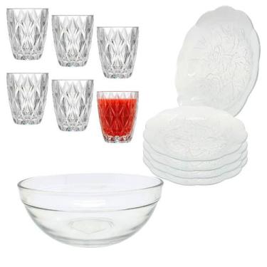 Imagem de Aparelho De Jantar Copos Pratos Diamond 13 Peças Vidro com Bowl Grande