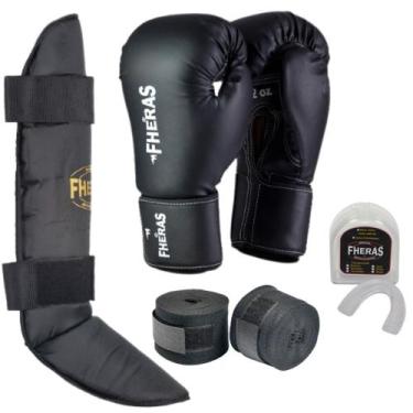 Imagem de Kit  Muay Thai e Boxe Luva, Bandagem, Protetor Bucal e Caneleira Fhera