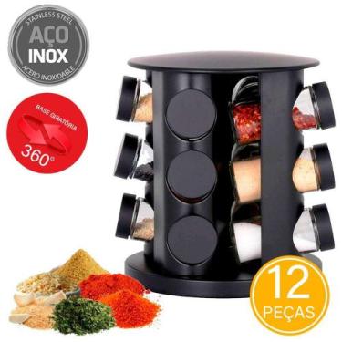 Imagem de Porta Condimentos com Base Giratória em Aço Inox Preto 12 Peças - Dolc