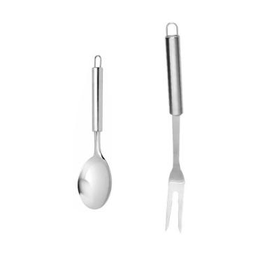 Imagem de Colher Servir Arroz e Garfo Cabo Longo Churrasco Inox 2un - casa cha