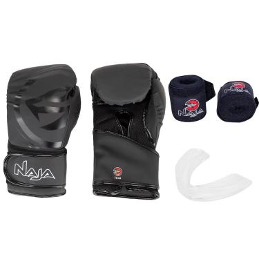 Imagem de Kit de Boxe Naja: Bandagem + Protetor Bucal + Luvas de Boxe Black - 16 oz - Adulto