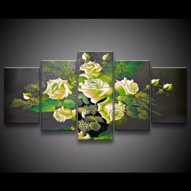 Imagem de Quadro Decorativo 129x63 Sala Escritorio Flores Rosas Verdes