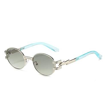 Imagem de Óculos de sol femininos ovais pequenos moda punk lentes gradientes transparentes óculos de sol uv400 óculos de sol exclusivo para homens com pernas de metal, verde prata, um