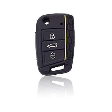Imagem de CSHU Silicone Car Key Cover Case 3 Buttons Car Key Case Cover Keychain Ring Key Bag, Fit for VW Golf 7 MK7 Skoda Seat,Black yellow line