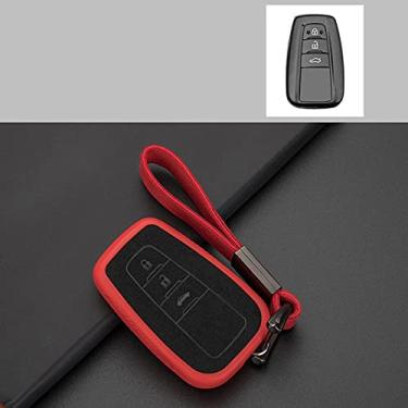 Imagem de YJADHU Capa de couro para chave de carro chaveiro de carro, apto para Toyota CHR C-HR Prado Prius Camry Corolla RAV4 2017 2018 2019, 3 botões vermelhos