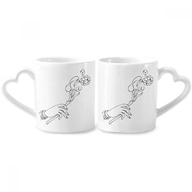 Imagem de Conjunto de canecas de porcelana para casais, estampa de linha de flores, cultura, mão e coração