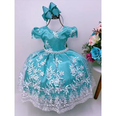 Vestido Infantil Azul C/ Renda Cinto Pérolas Strass Princesa