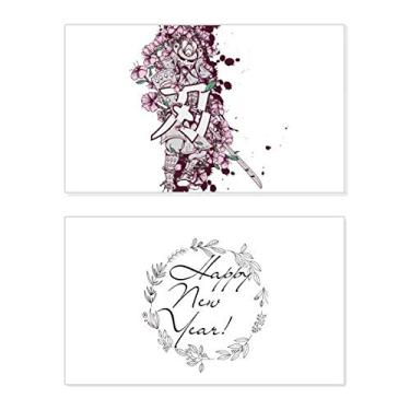 Imagem de Espada Samurai Japonesa Ninja Sakura Art Ano Novo Festival Cartão de felicitações Mensagem Abençoada Presente