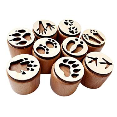 Imagem de UGPLM 6 carimbos de madeira, calendário de carimbos de rastros de animais, álbum de recortes, arte, artesanato, multiuso, crianças, selo de ensino, bege