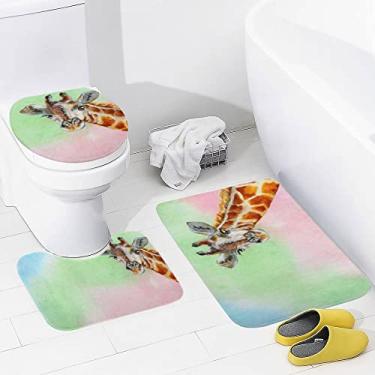Imagem de Conjunto de tapetes de banheiro 3 peças aquarela fofa girafa lavável tapete de banheiro antiderrapante tapete de contorno e tampa para banheiro