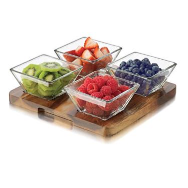 Imagem de Acacia Petisqueira Quadrado de Vidro/Madeira, Libbey, Transparente/Marrom, 25.5 cm, 5 Peças