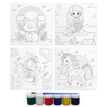 Imagem de Tela Para Pintura Infantil Colorir Kit 4 Unidades com Tinta e Pincel Canvas 40x40cm (Menina)