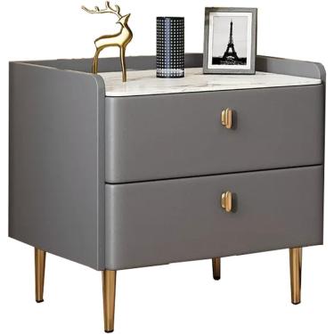 Imagem de Rack de cabeceira armário de cabeceira de madeira couro artificial perna de metal 2 gavetas quarto de armazenamento, d, 50x40x47cm