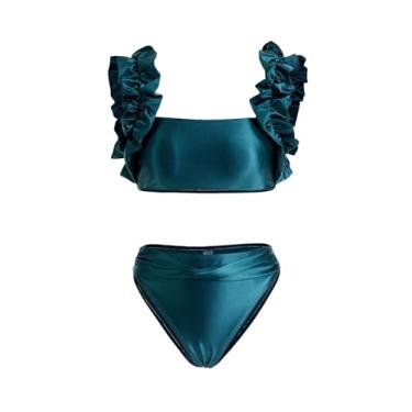 Imagem de BEAUDRM Biquíni feminino de 2 peças com gola quadrada lisa e acabamento triangular com babados e conjunto de biquíni de corte alto, Azul, G