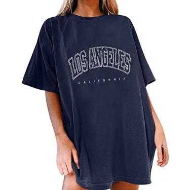 Imagem de Los Angeles Califórnia – Camiseta vintage grande para mulheres pulôver manga curta ombro caído Casual Top Túnica Camiseta Meninas adolescentes Camisola Top com Sólido C29-Azul Large