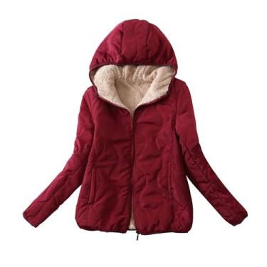 Imagem de BFAFEN Jaquetas de inverno femininas forradas de lã acolchoadas, casaco quente com capuz, jaqueta acolchoada leve, Vinho 02, GG
