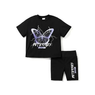 Imagem de PATPAT Conjunto de 2 peças de roupas para crianças meninas camiseta de manga curta top e estampa estampa ciclista shorts roupas de verão, Borboleta preta, 7-8 Anos