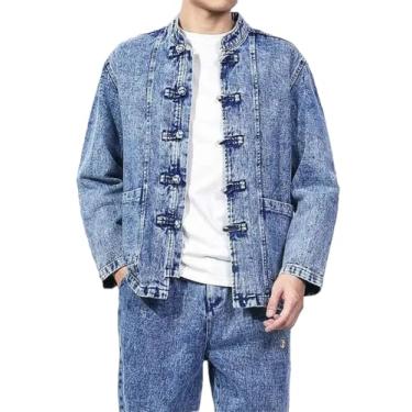 Imagem de KANG POWER Jaqueta jeans estilo chinês masculina streetwear roupas orientais outono masculino jeans casaco vintage hip hop solto, Jaqueta azul, G