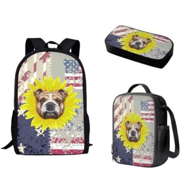 Imagem de Spowatriy America Dog School Conjunto de mochila 3 em 1 com lancheira e estojo, 3 peças, mochila escolar leve à prova d'água para acampamento, caminhada