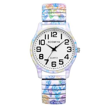 Imagem de Lancardo Relógio feminino com pulseira elástica: relógio de pulso de quartzo analógico elástico com flor boêmia, mostrador branco, fácil de ler, dia das mulheres, Borboleta
