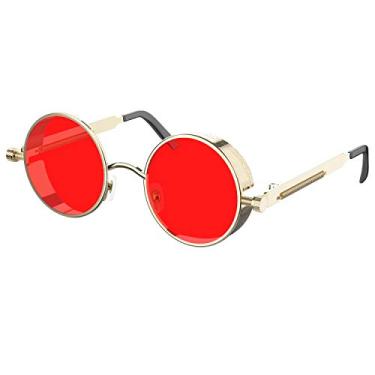Imagem de PROUDDEMON Óculos de sol retrô gótico steampunk para mulheres e homens, armação de metal com lente redonda (vermelho dourado)