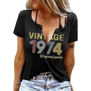 Imagem de Camiseta feminina vintage de 1973 peças originais para presente de aniversário de 50 anos para mulheres camisetas casuais de aniversário retrô, Preto 2, M