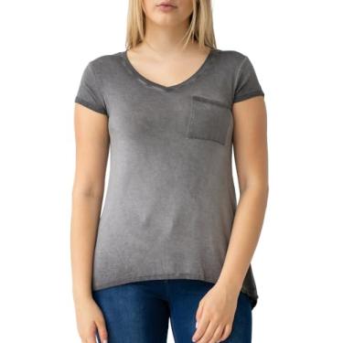 Imagem de Cable & Gauge Vestuário feminino gola V pigmento tingido e lavagem a óleo bolso camiseta com bainha Hi-Low, Carvão envelhecido, G