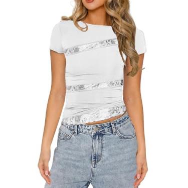 Imagem de Camiseta feminina manga longa com acabamento em renda patchwork slim fit camiseta Y2K Going Out Crop Top, C - Camisa de renda de manga curta branca, P