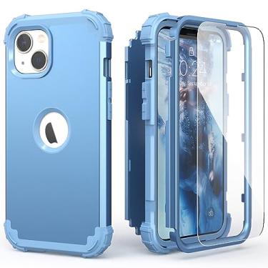 Imagem de IDweel Capa para iPhone 15 com protetor de tela de vidro temperado, 3 em 1, à prova de choque, fina, híbrida, resistente, capa de policarbonato rígido, de silicone macio, resistente e amortecedor, azul paz