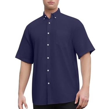 Imagem de Sedyrak Camisa de manga curta masculina de linho de algodão com ajuste regular casual com botão e bolso frontal, Azul-marinho 372, 5G