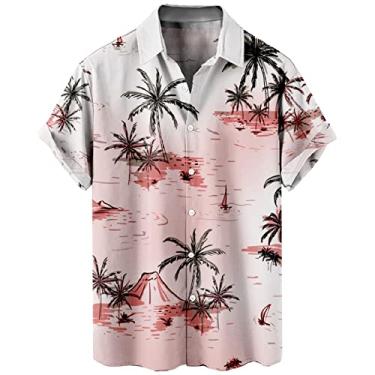 Imagem de Aniywn Camisa masculina de verão, praia, casamento, havaiana, floral, manga curta, ajuste relaxado, algodão, linho, camisa casual com botões, A7, rosa, P