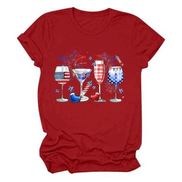 Imagem de Camisetas femininas patrióticas do Dia da Independência, túnica com bandeira americana, 4 de julho, camiseta com estampa engraçada de taça de vinho, Vermelho, G