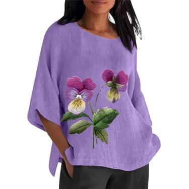 Imagem de Camisetas femininas de linho de conscientização de Alzheimers, manga 3/4, roxa, estampa floral, gola redonda, casual, divisão lateral, rosa, P