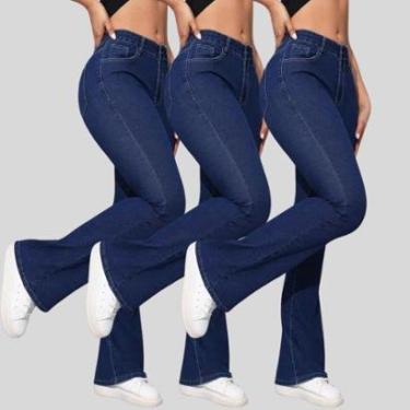 Imagem de KIT 3 Calças Flare Jeans Feminina Boca de Sino Cintura Alta Modeladora Confort-Feminino