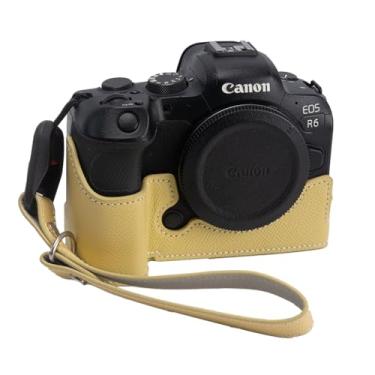 Imagem de Capa para câmera Canon EOS R6/R6II, capa de couro genuíno feita à mão para câmera Canon EOS R6/R6II versão com abertura inferior + alça de mão (amarelo)