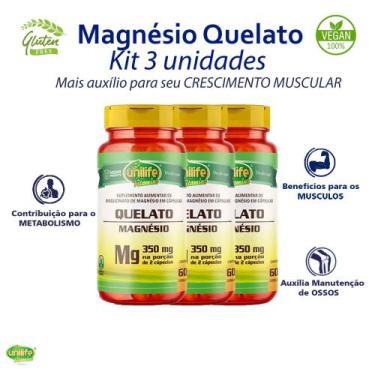 Imagem de Kit 3x Magnésio Quelato 700mg Unilife Vegano 180 Cápsulas