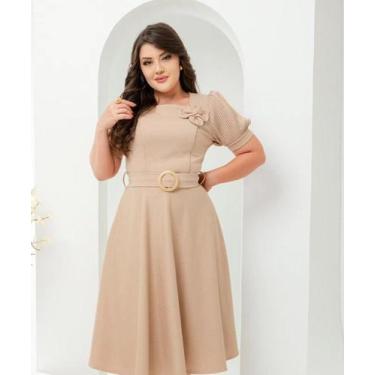 Imagem de Vestido Feminino Mídi Manga Princesa Plissada com Cinto e Detalhe flor