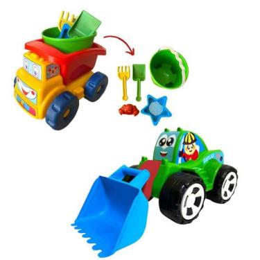 Imagem de Conjunto Trator Carregadeira Caminhão Caçamba com Kit Praia - Casa Bri