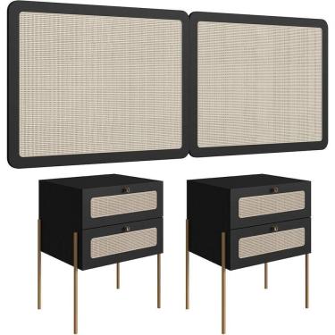 Imagem de Cabeceira Casal Queen 160cm E 2 Mesas Laterais 2 Gavetas Industrial Indy A03 Nero