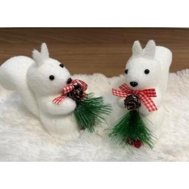 Imagem de Enfeite Árvore de Natal Esquilo Branco 10cm Com Pinha Espuma Ornamento