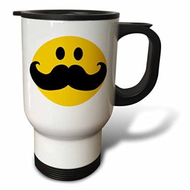 Imagem de Caneca de viagem "Face sorridente amarela com bigode grande preto bigode divertido hipster chique desenho animado cavalheiro 3dRose", 400 ml, multicolorido