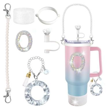 Imagem de Stanley Cup Accessories 850.5 g 1,134.0 g Glitter Silver, capa de canudo de diamante, pingente de letra, adesivo de letra, bota de silicone, suporte com alça incluído para copo Stanley
