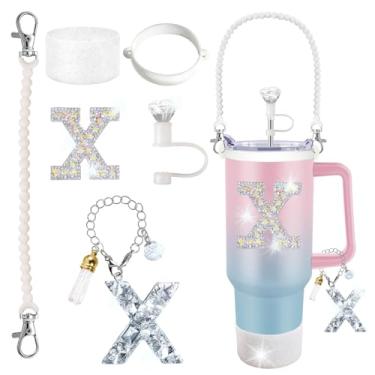 Imagem de Stanley Cup Accessories 850.5 g 1,134.0 g Glitter Silver, capa de canudo de diamante, pingente de letra, adesivo de letra, bota de silicone, suporte com alça incluído para copo Stanley