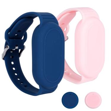 Imagem de 2 pulseiras para Galaxy SmartTag 2, capa protetora de silicone à prova d'água, suporte oculto de cobertura total para crianças, acessórios de pulseira de idosos (azul, rosa)