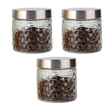 Imagem de Conjunto 3 Potes Vidro Rattan Tampa Inox 800ml Class Home